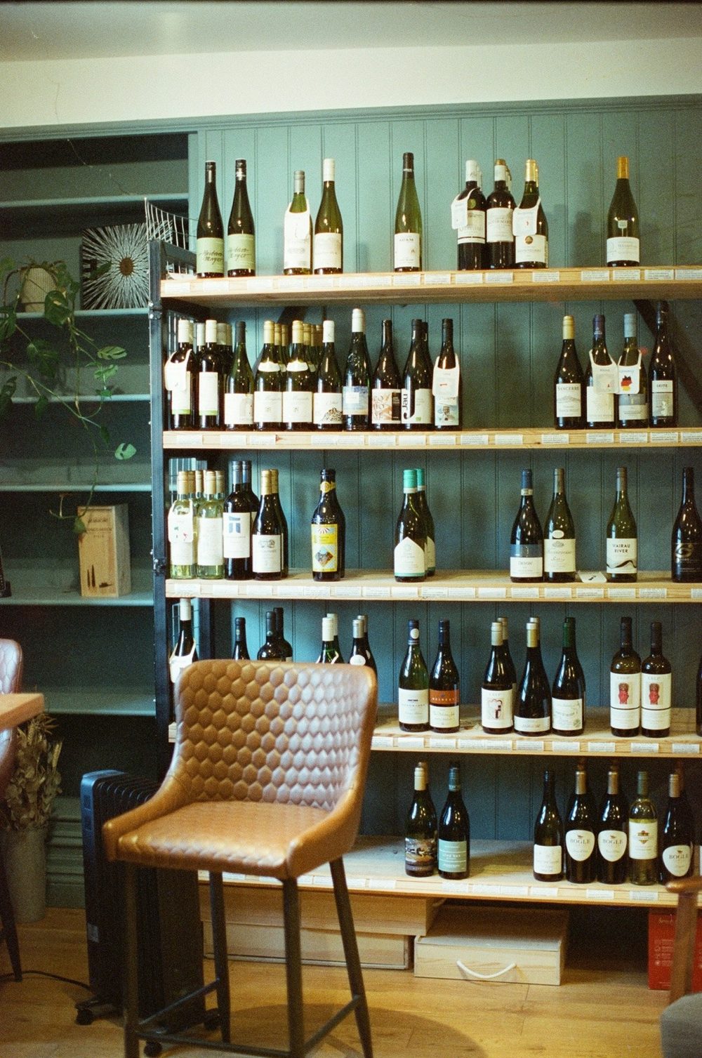 Shelves densely filled with wine bottles inside a wine shop.
